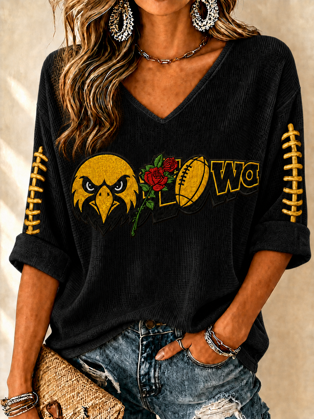 Women'S Football Print Waffle V-Neck Top