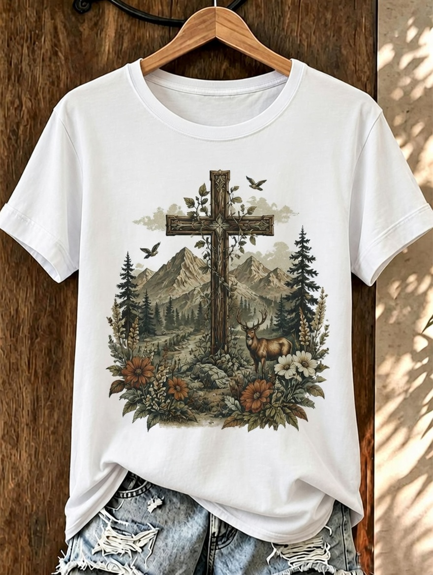 Mountain Deer Floral Cross Vintage Print Crew Neck Casual Short Sleeve T-Shirt