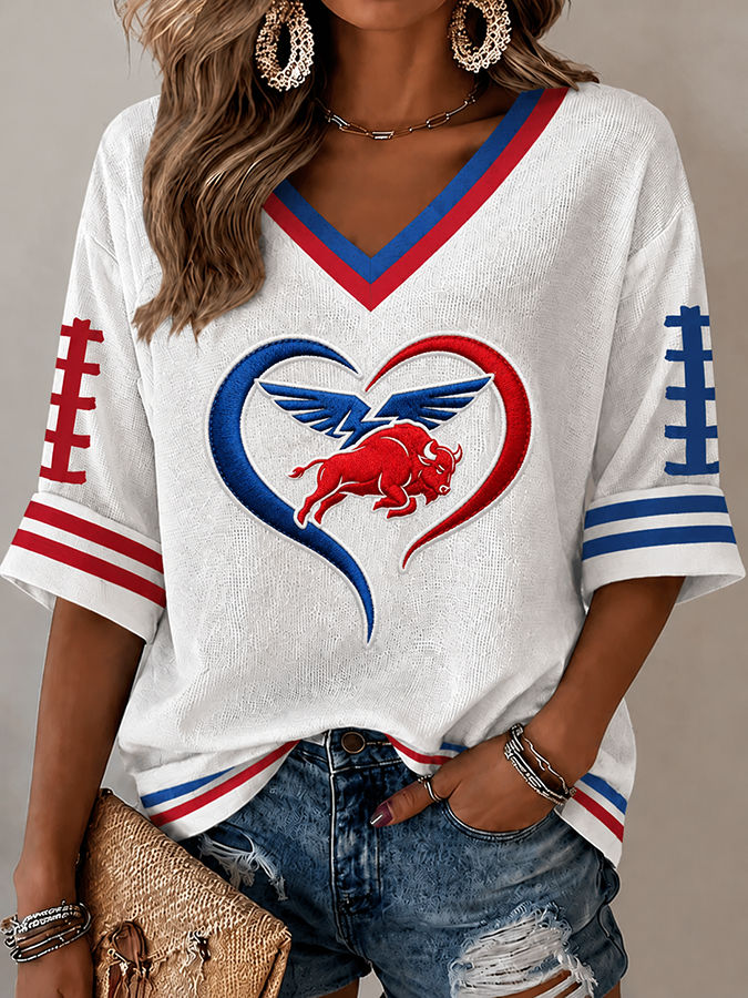 Women'S Football Printed V-Neck Mid Sleeve T-Shirt