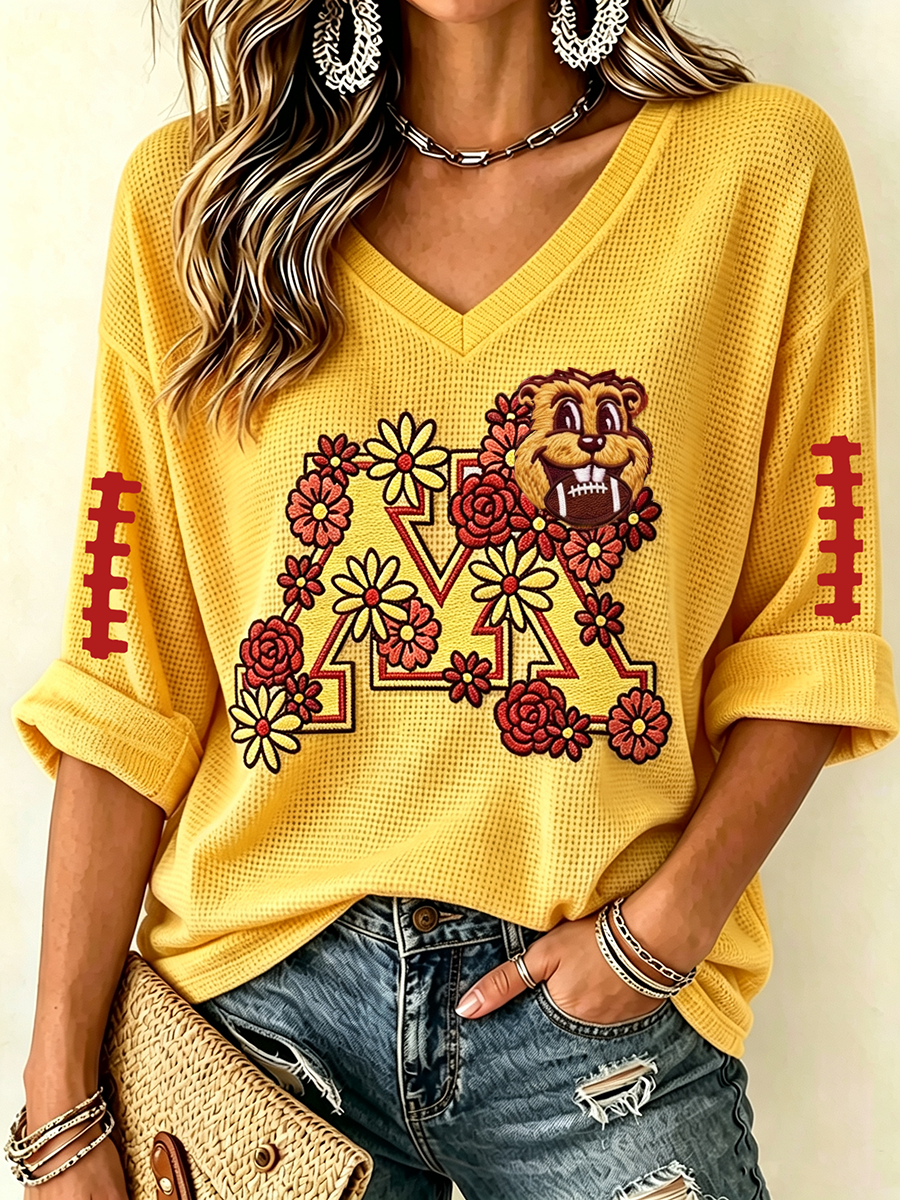 Women'S Football Print Waffle V-Neck Top