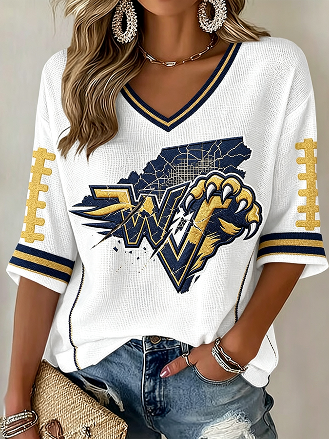 Women'S Rugby Patterned Waffle V-Neck Top