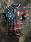 Men'S Casual American Flag Cross Cotton And Linen Henry Short Sleeved Shirt