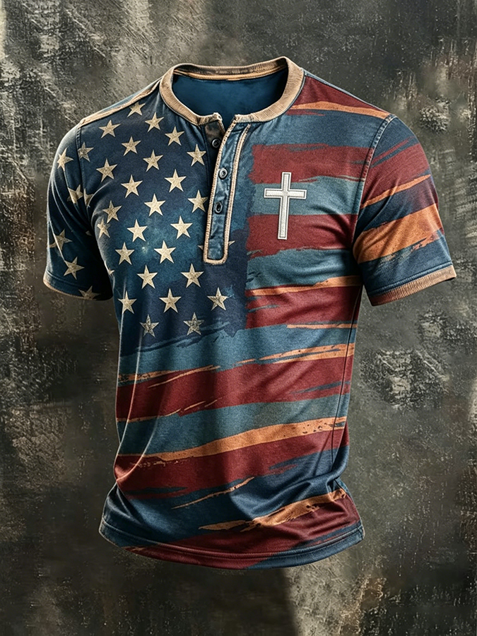 Men'S Casual American Flag Cross Cotton And Linen Henry Short Sleeved Shirt