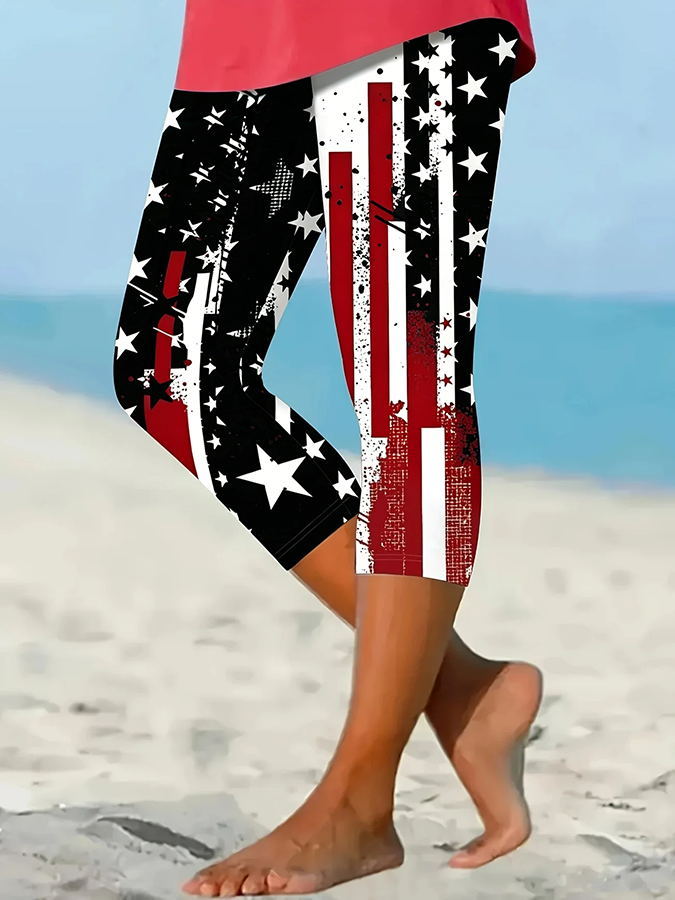 Vintage America Flag Printing Capris Leggings