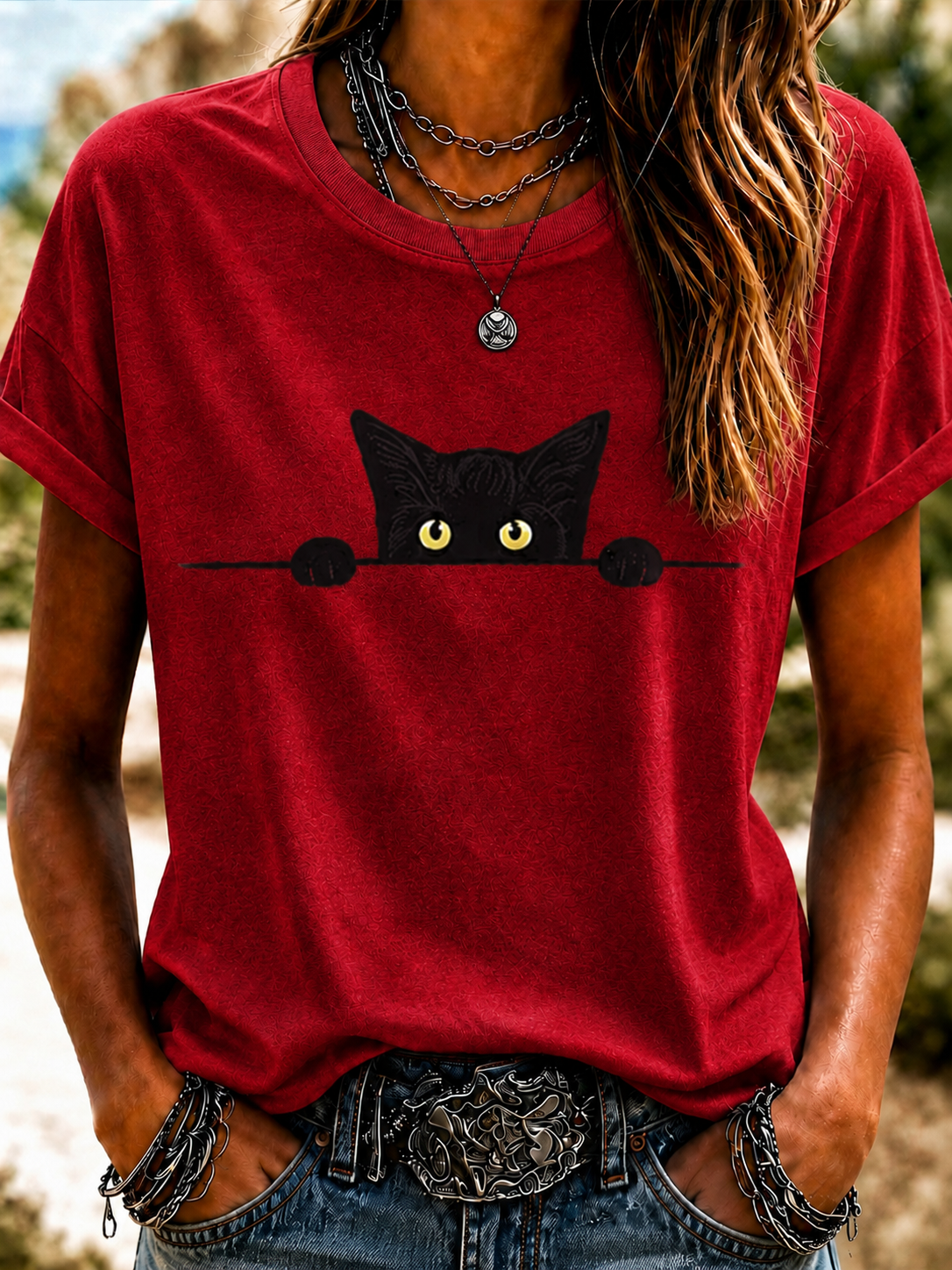 Women'S Cute Cat Art Printed Round Neck T-Shirt