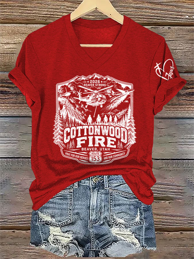 V-Neck Retro 2026 Beaver Strong Cottonwood Fire, Beaver, Utah - Pray For Our Heroes And Our Community Route 153 Print T-Shirt