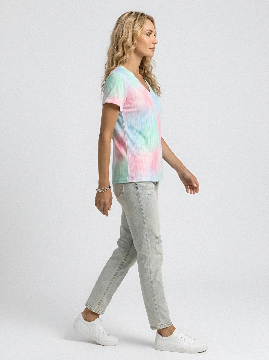 Women's Breast Cancer Awareness Vertical Tie-Dye Printed V-Neck T-Shirt