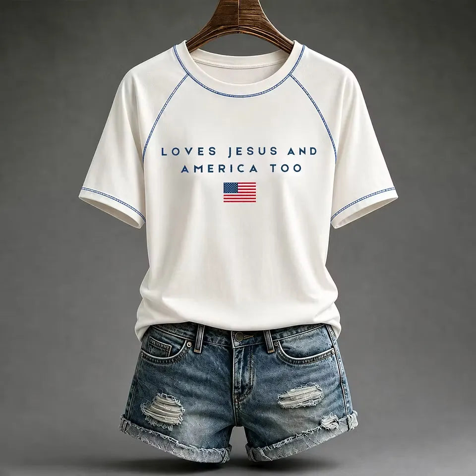 Women's Loves Jesus and America Too round neck short sleeve T-shirt