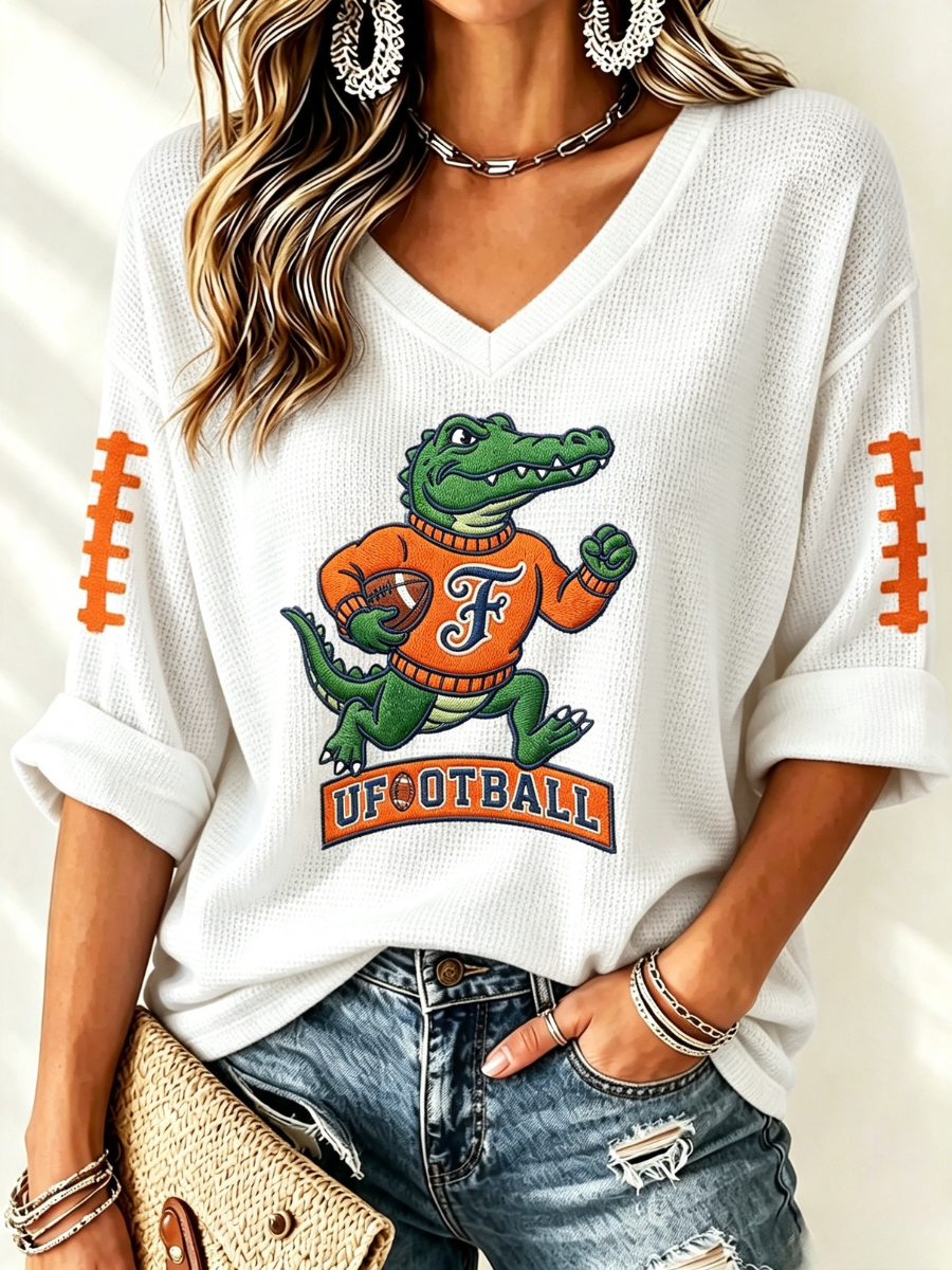 Women'S Rugby Patterned Waffle V-Neck Top