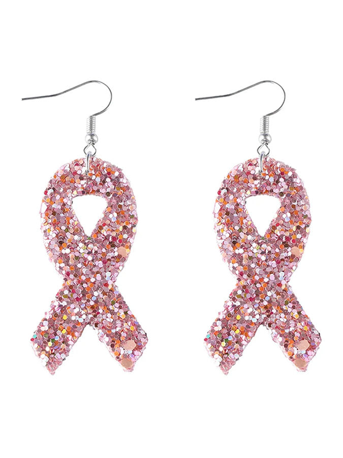 Breast Cancer Awareness Publicity Pink Ribbon Leather Sequin Pendant Earrings