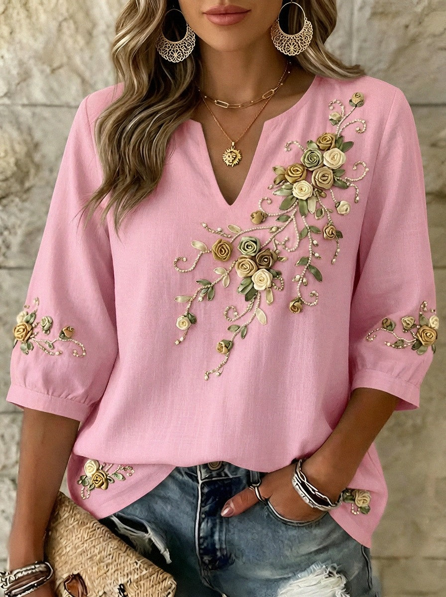 Women's Breast Cancer Awareness Floral Ribbon Embroidered Printed Top