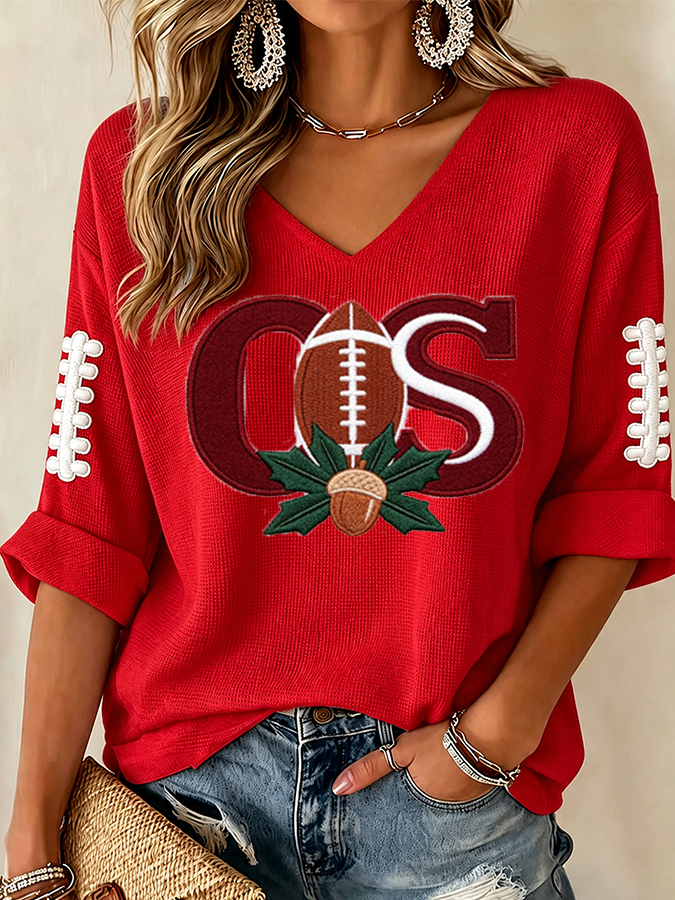 Women'S College Rugby Printed Waffle V-Neck Top