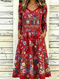 Women'S Retro Independence Day Rose Pattern Casual Round Neck Dress
