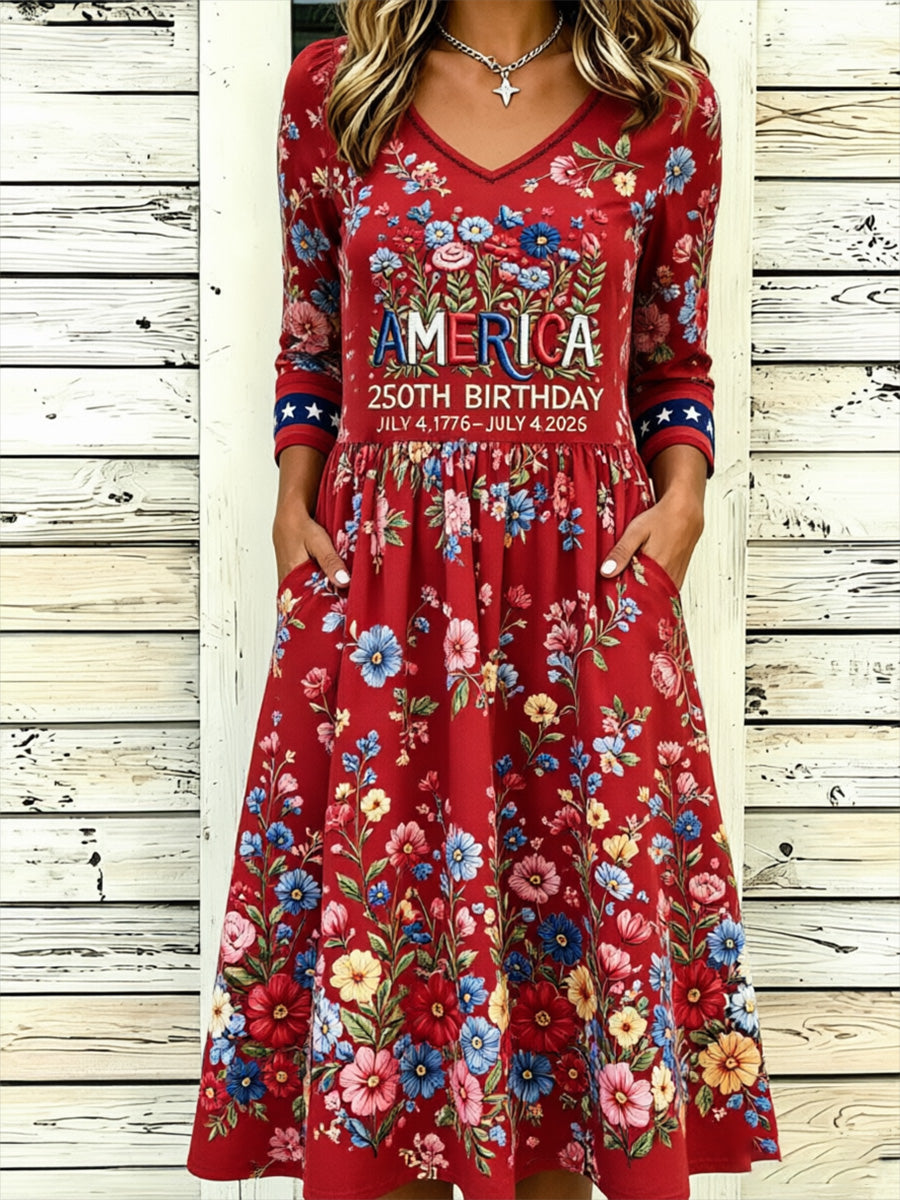 Women'S Retro Independence Day Rose Pattern Casual Round Neck Dress
