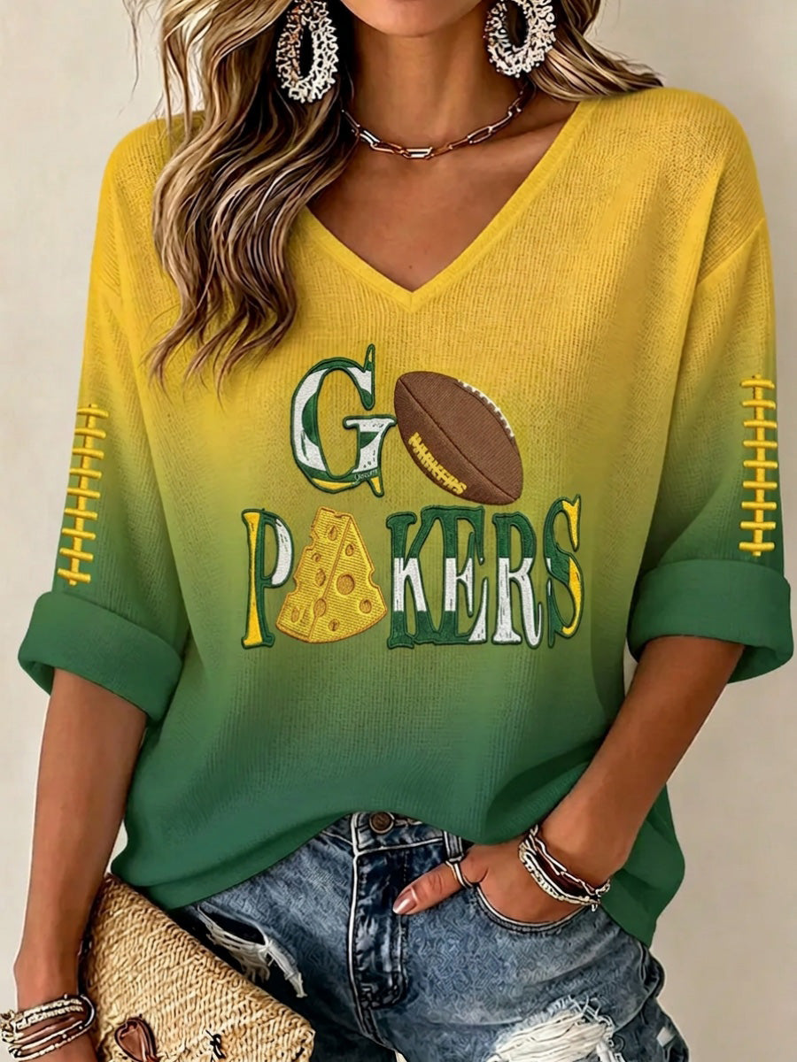 Women'S Football Print Waffle V-Neck Top