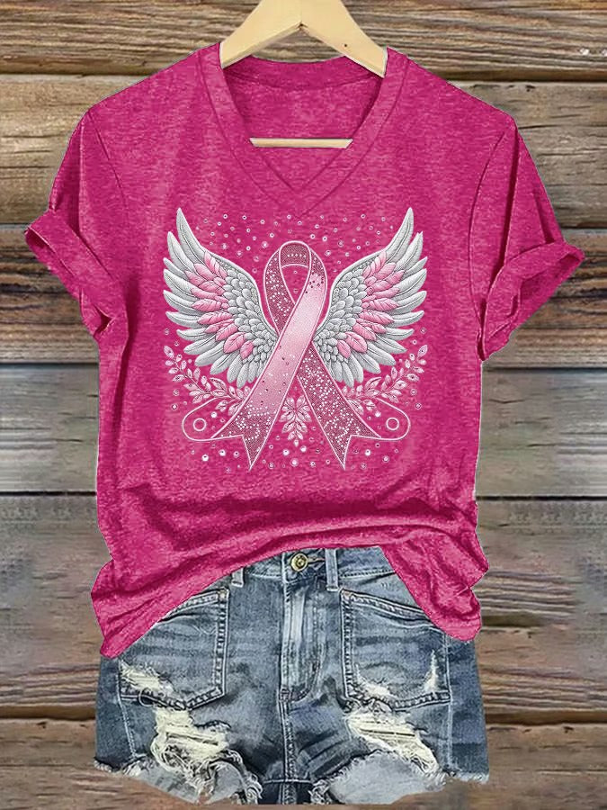 Women'S Casual Pink Ribbon Wings T-Shirt