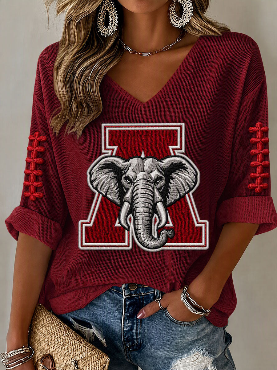 Women'S Rugby Patterned Waffle V-Neck Top