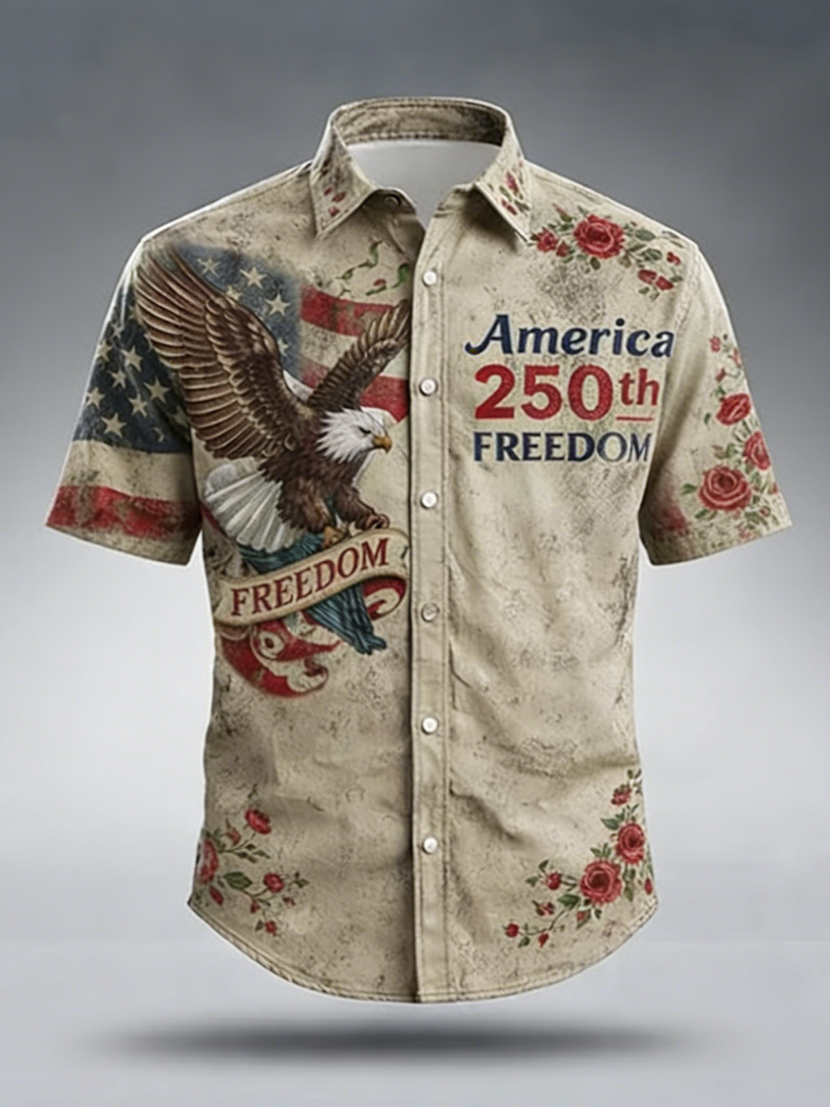 Men'S Casual 250Th Anniversary Of The Founding Of The United States Printed Button Down Short Sleeved Shirt