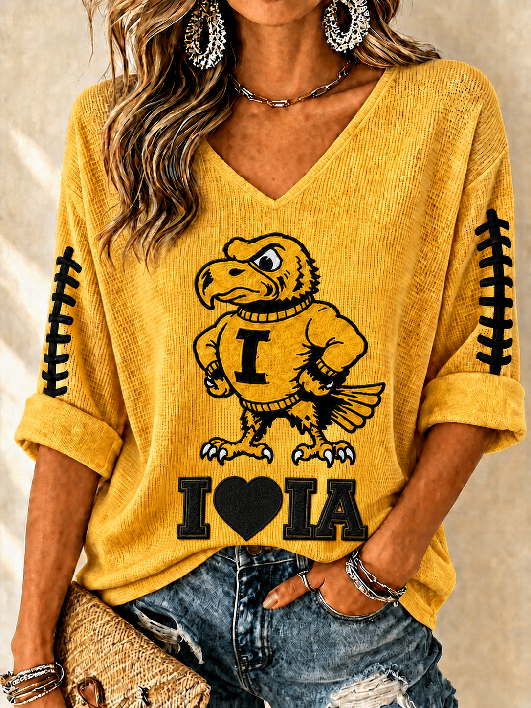 Women'S Football Print Waffle Top