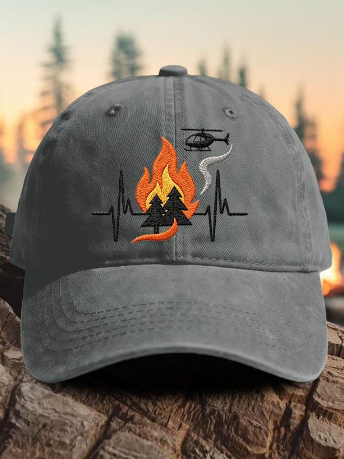 Retro Wildland Firefighter Heartbeat Fireline Flame & Helicopter Print Baseball Cap