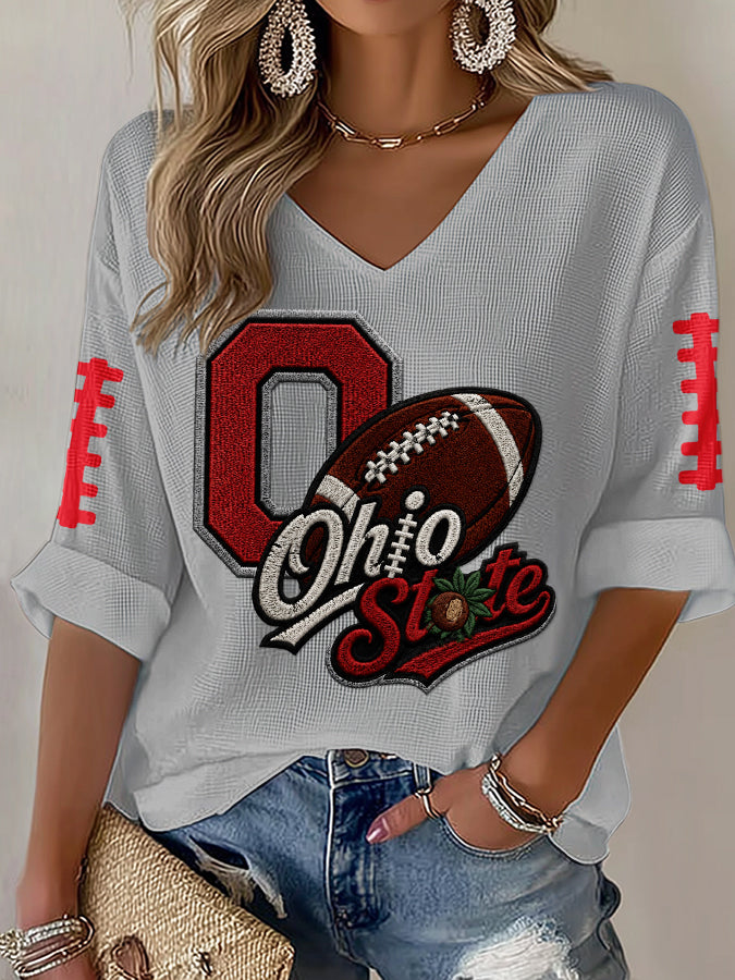 Women'S Rugby Patterned Waffle V-Neck Top
