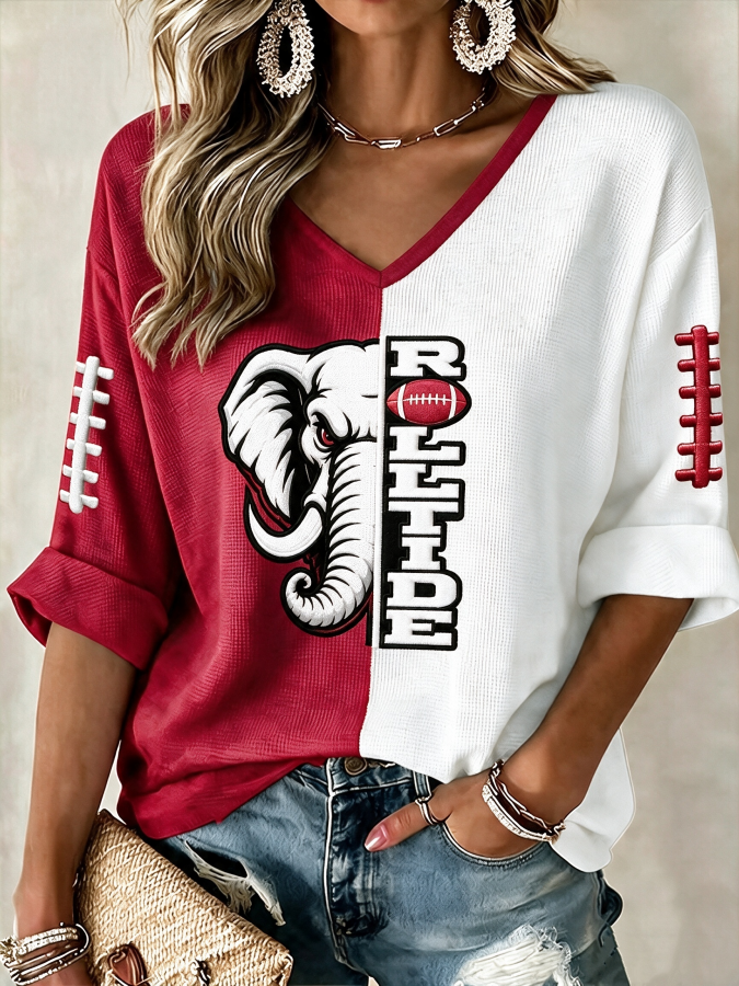 Women'S College Rugby Printed Waffle V-Neck Top