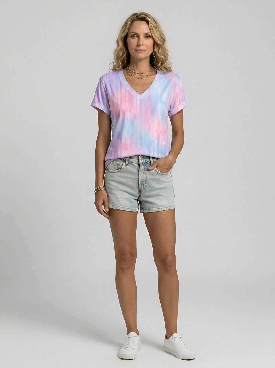 Women's Breast Cancer Awareness Striped Watercolor Printed V-Neck T-shirt