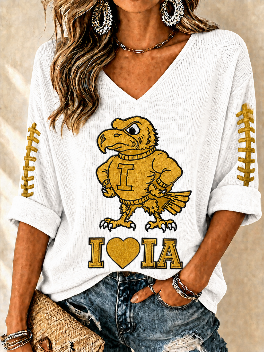 Women'S Football Print Waffle Top