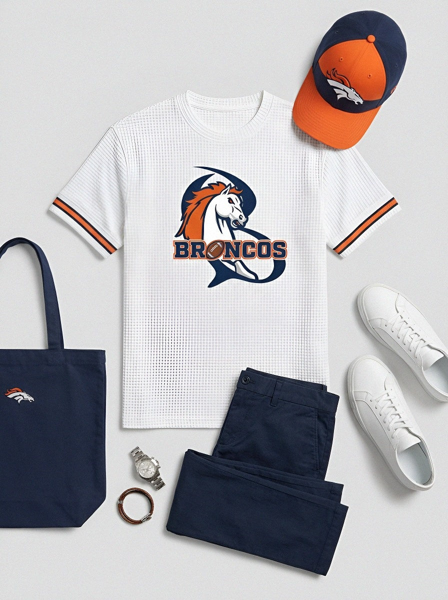 Unisex Denver Broncos Football Logo Printed Waffle Knit T-shirt