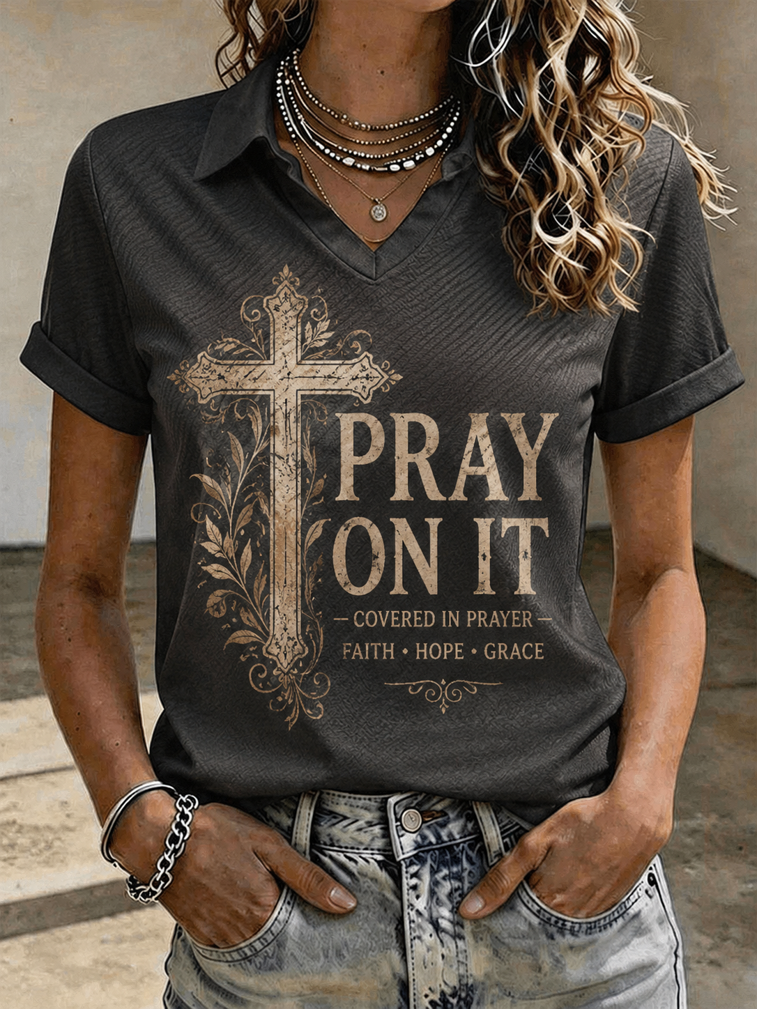 Vintage Floral Cross Pray On It Women Lapel V Neck Short Sleeve Polo Shirt