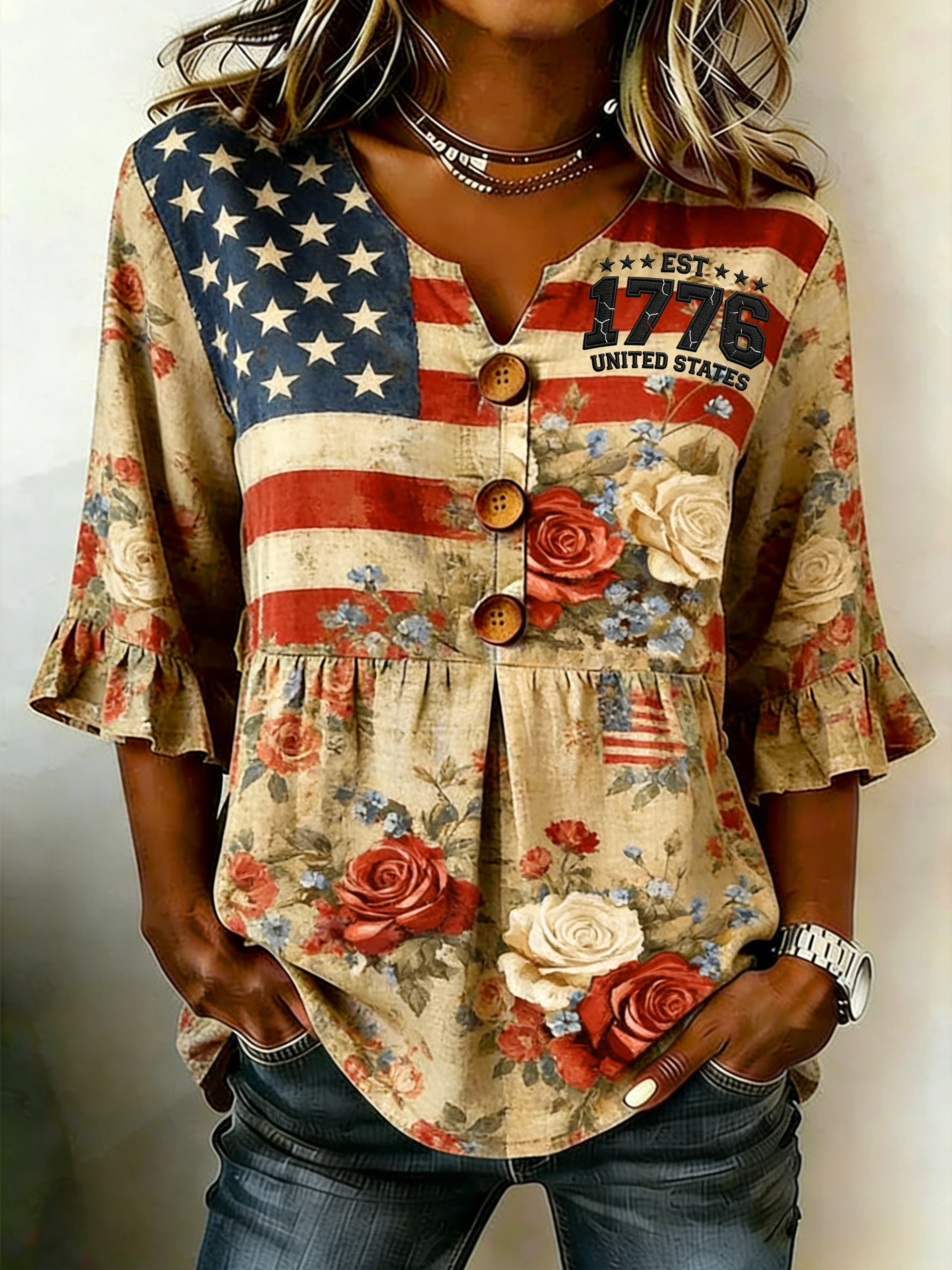 Women's 250th Anniversary Commemorative Printed Faux-Linen Top
