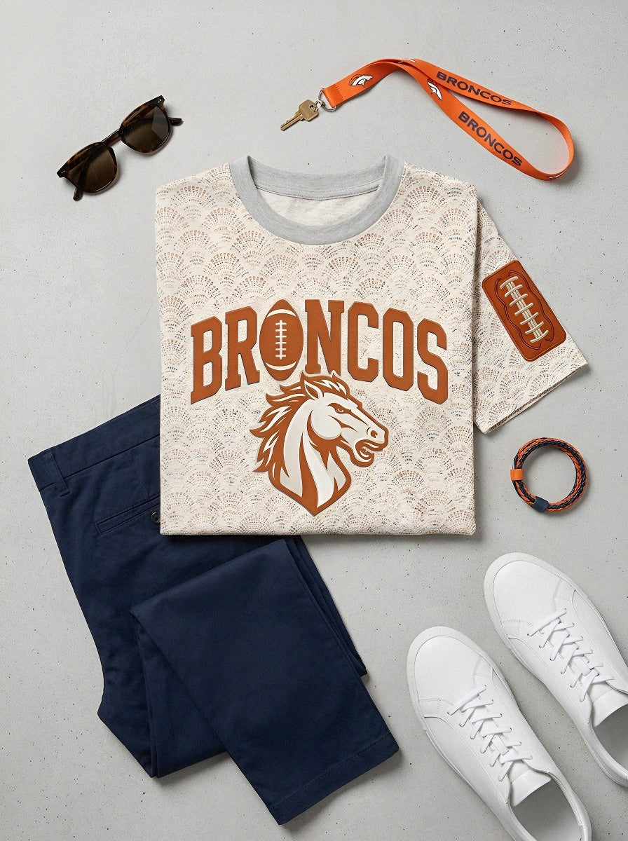 Men's Denver Broncos Football Logo Scallop Pattern Printed T-shirt