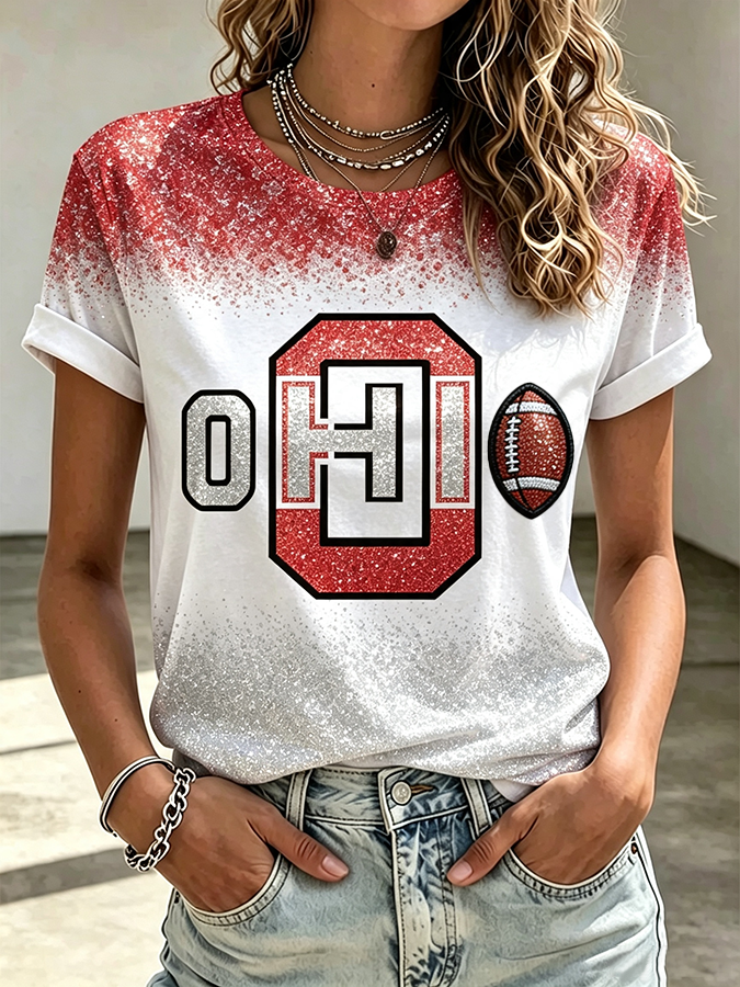Ladies' College Football Glitter Printed Round Neck T-Shirt