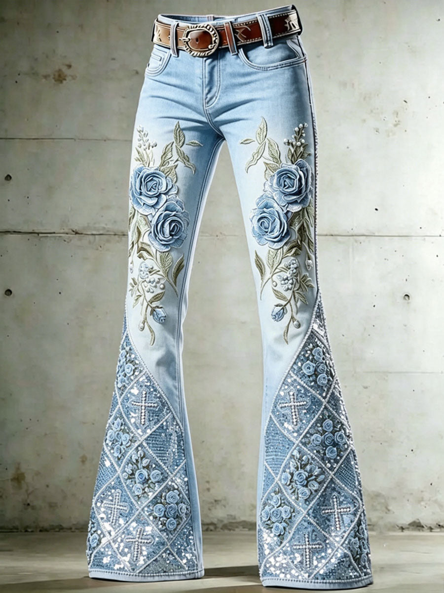 Women'S Flower Cross Patterned Flared Pants