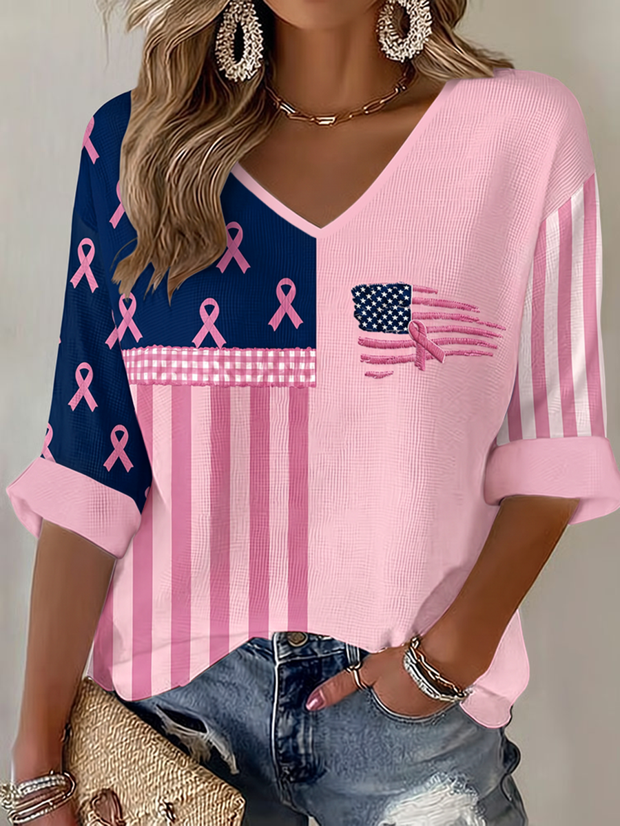 Women'S National Flag Breast Cancer Awareness Propaganda Printed Casual T-Shirt