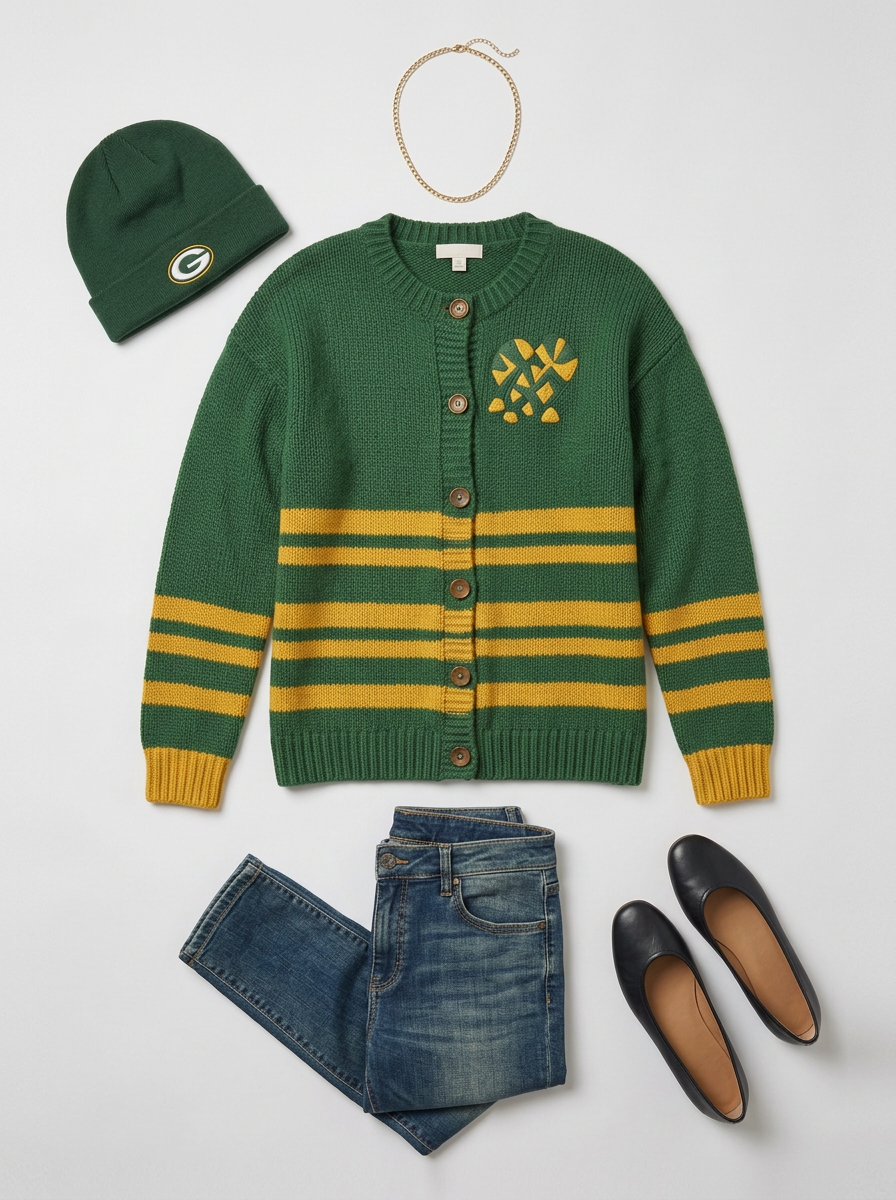 Women's Green Bay Packers Heart Logo Striped Knitted Cardigan