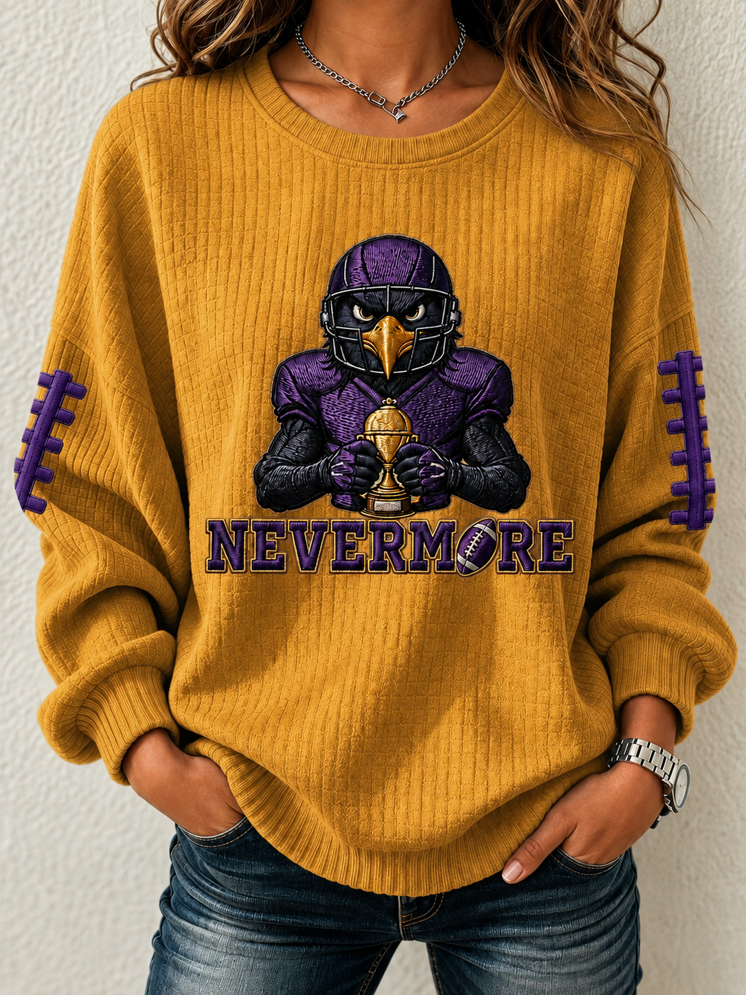 Women'S Football Fan Waffle Long Sleeved Round Neck Sweatshirt