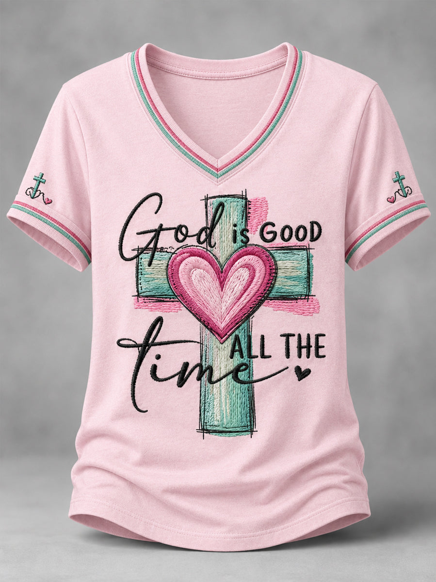 Women's God Is Good All The Time Print Casual V-Neck Tee