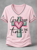 Women's God Is Good All The Time Print Casual V-Neck Tee
