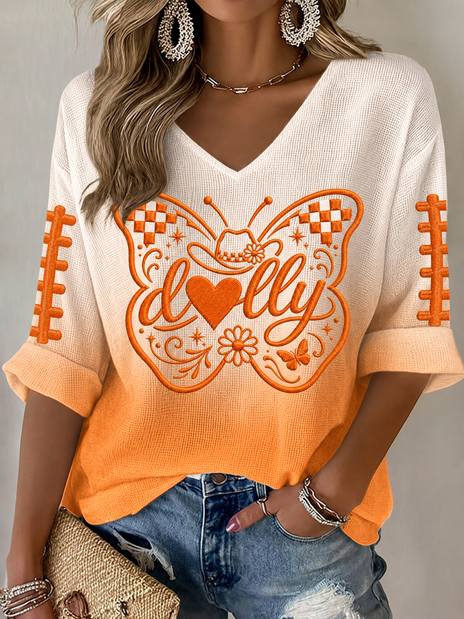 Women'S Football Printed Waffle V-Neck Top