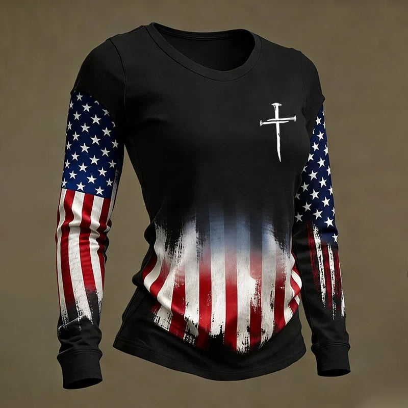 Women's Vintage American Flag FAITH Print Long-Sleeved T-Shirt
