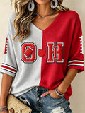 Women'S College Rugby Printed Waffle V-Neck Top