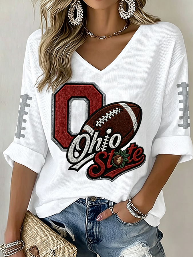 Women'S Rugby Patterned Waffle V-Neck Top