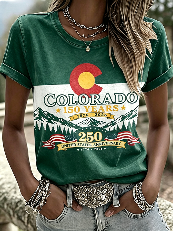 Women'S Casual COLORADO STRONG Mountain Fire Printed Round Neck Casual Short Sleeved T-Shirt