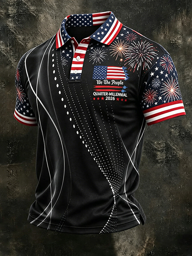 Men's Retro Fireworks And American Flag Print Polo Shirt