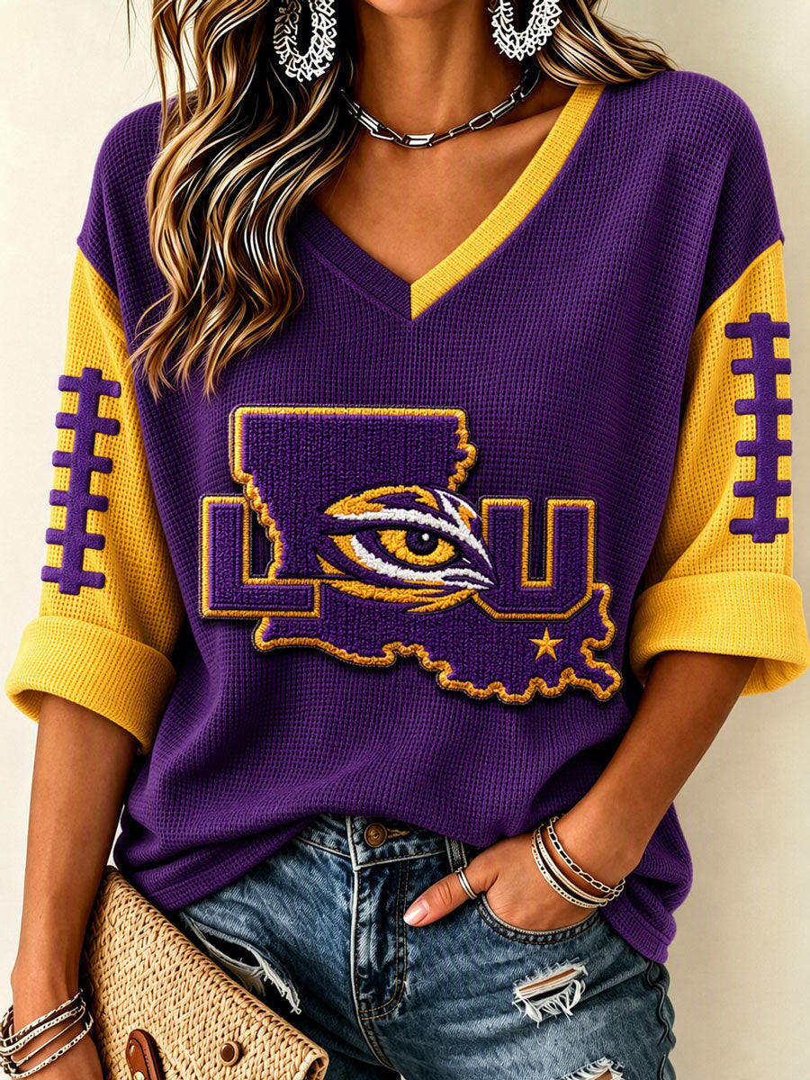 Women'S Rugby Patterned Waffle V-Neck Top
