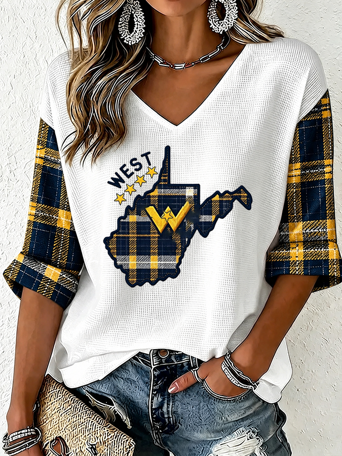 Women'S Rugby Patterned Waffle V-Neck Top