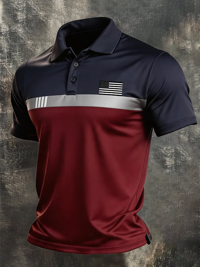 Men's Retro Patriotic Color Block Short-Sleeve Polo Shirt