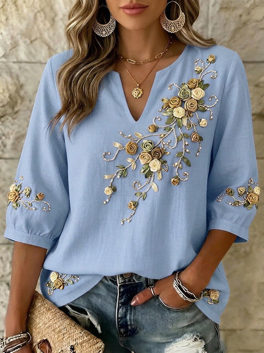 Women's Breast Cancer Awareness Floral Ribbon Embroidered Printed Top