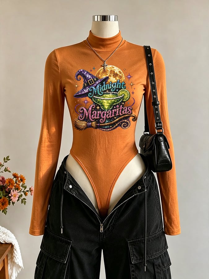 Women's Midnight Margaritas Print Long Sleeve Turtleneck Bodysuit